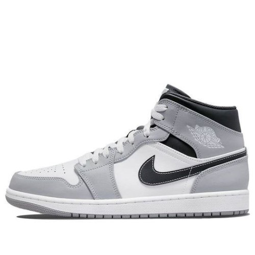 Кроссовки Nike Air Jordan 1 Mid Light Smoke Grey серые с черными и белыми вставками высокие 554724-078