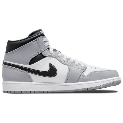 Кроссовки Nike Air Jordan 1 Mid Light Smoke Grey серые с черными и белыми вставками высокие 554724-078