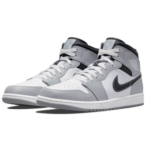 Кроссовки Nike Air Jordan 1 Mid Light Smoke Grey серые с черными и белыми вставками высокие 554724-078