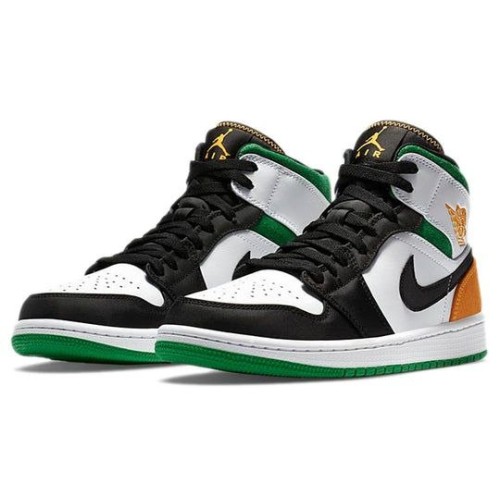 Кроссовки Nike Air Jordan 1 Mid SE Oakland черно-белые с зелеными и оранжевыми вставками 852542-101