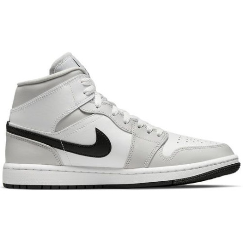 Кроссовки Nike Air Jordan 1 Mid женские высокие серые с черным логотипом Grey Fog BQ6472-015