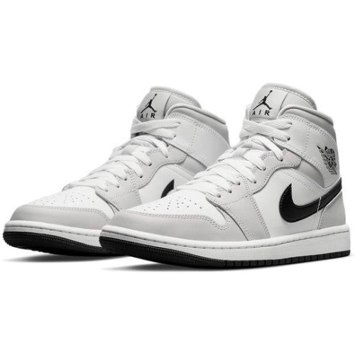 Кроссовки Nike Air Jordan 1 Mid женские высокие серые с черным логотипом Grey Fog BQ6472-015